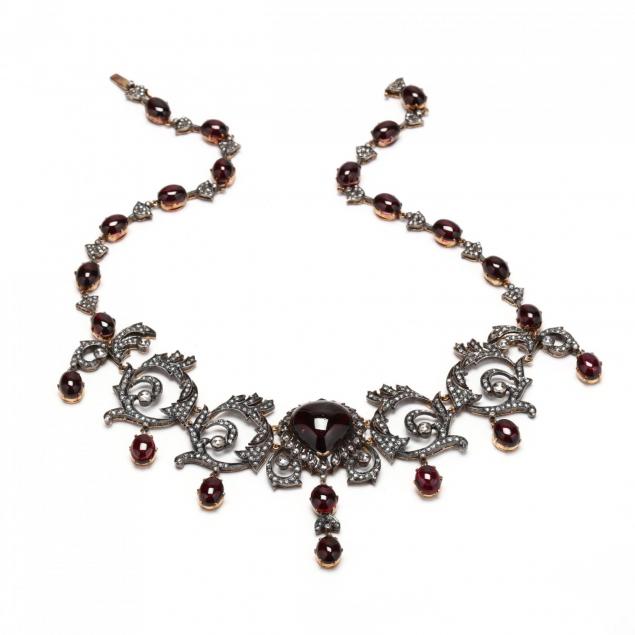antique-style-silver-topped-gold-garnet-and-diamond-necklace