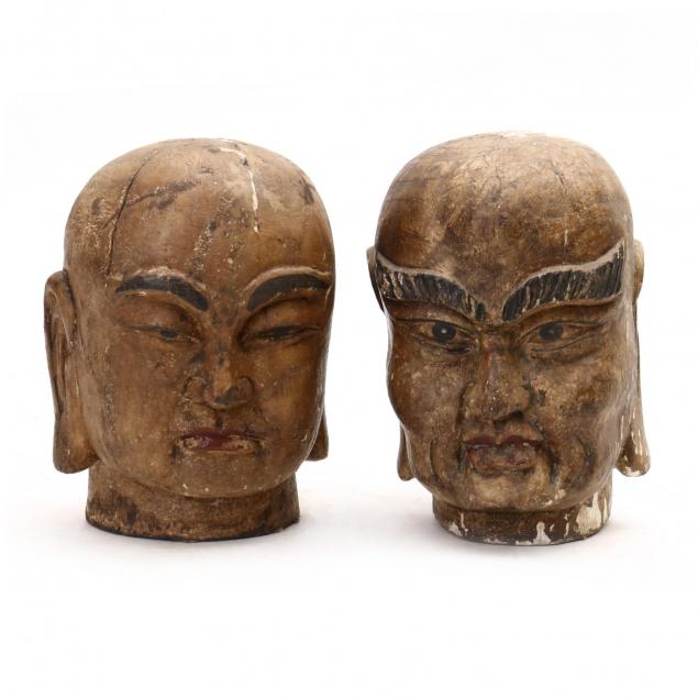 two-contemporary-carved-wood-buddha-heads