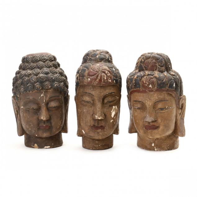 three-contemporary-chinese-carved-wood-buddha-heads