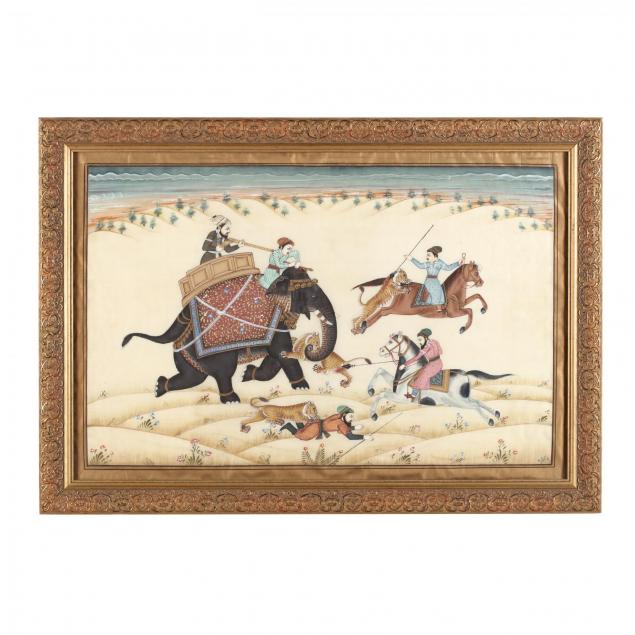 an-indian-painting-on-silk-of-a-tiger-hunt