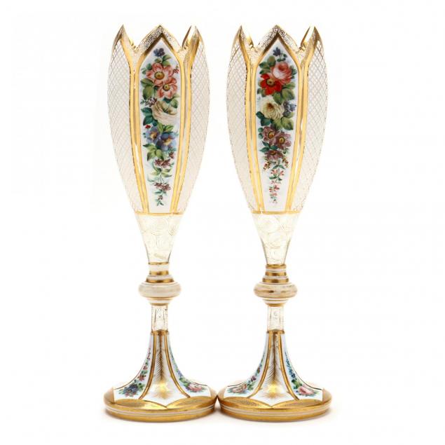 moser-pair-of-tall-diamond-cut-and-painted-glass-vases