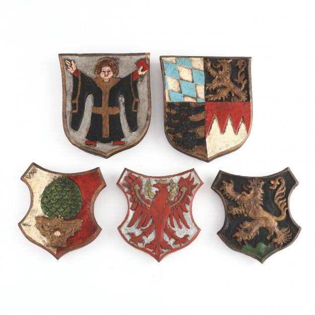 five-vintage-carved-and-painted-wood-heraldic-plaques