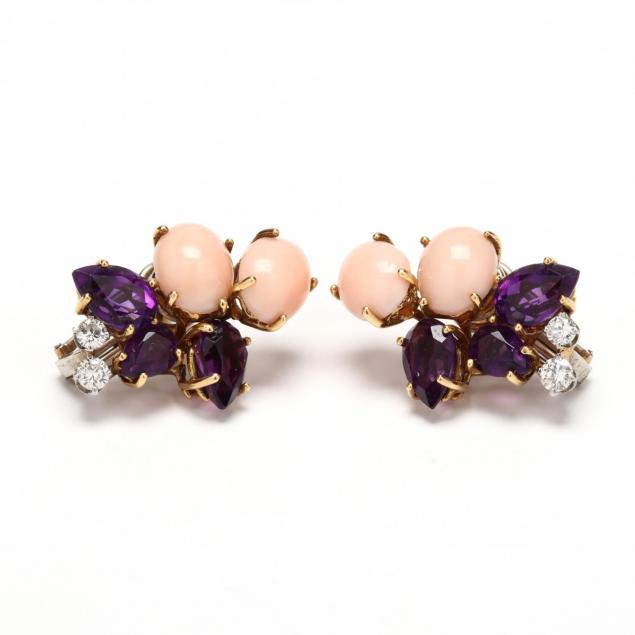 gold-coral-amethyst-and-diamond-cluster-earrings