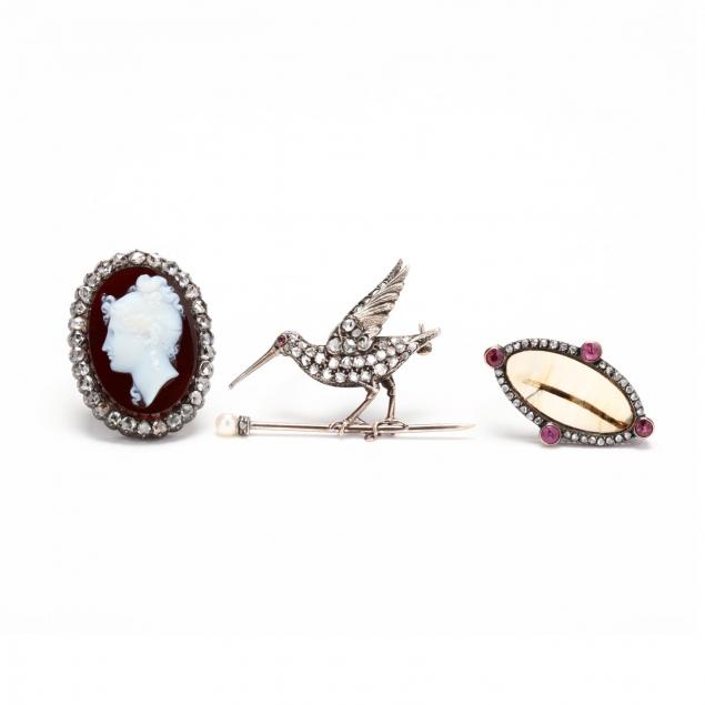 three-antique-diamond-and-gemstone-brooches