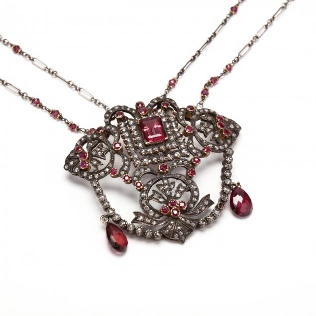 silver-topped-gold-pink-tourmaline-synthetic-ruby-and-diamond-necklace