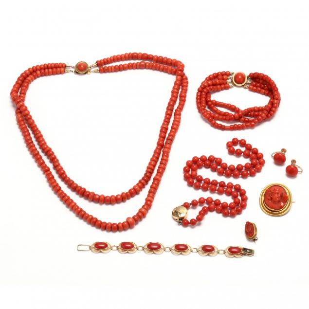 collection-of-seven-vintage-gold-and-coral-jewelry-items