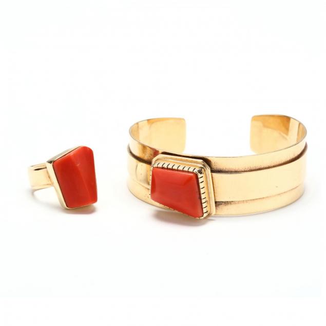 southwestern-14kt-gold-and-coral-ring-and-cuff-bracelet-anthony-sanchez