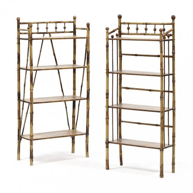 two-antique-english-burnt-bamboo-bookshelves