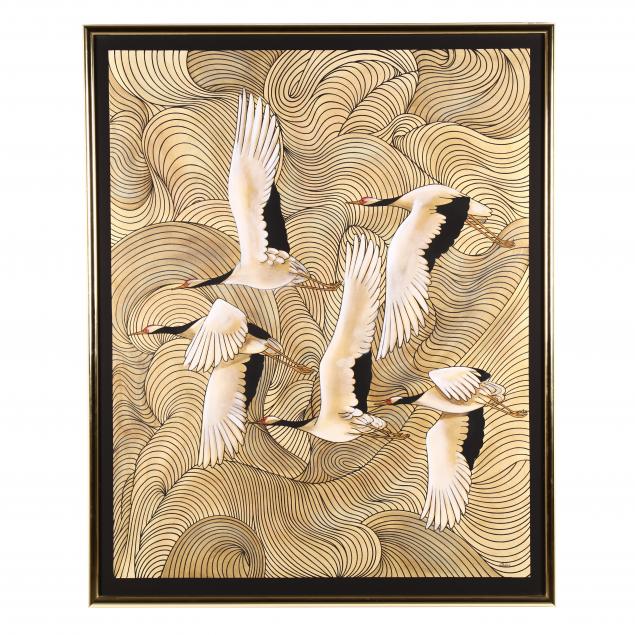 a-large-contemporary-art-deco-style-painting-of-cranes