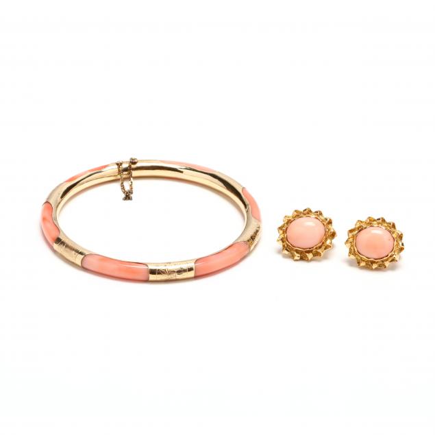 a-14kt-gold-and-coral-bracelet-and-a-pair-of-18kt-gold-and-coral-earrings