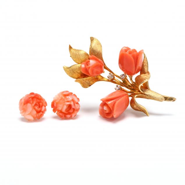 carved-coral-brooch-earrings