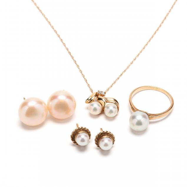 group-of-four-gold-pearl-and-diamond-jewelry-items