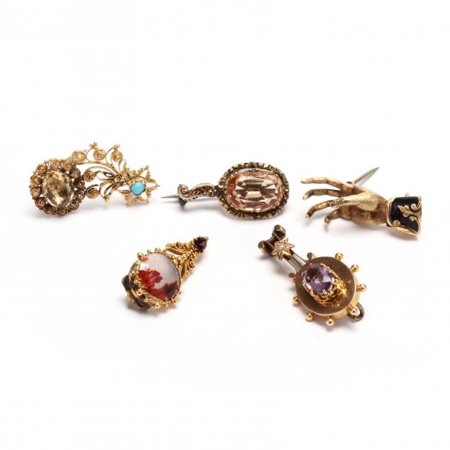group-of-five-antique-gemstone-brooches