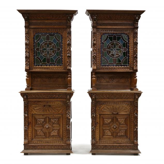 pair-of-belgian-carved-oak-and-stained-glass-court-cupboards