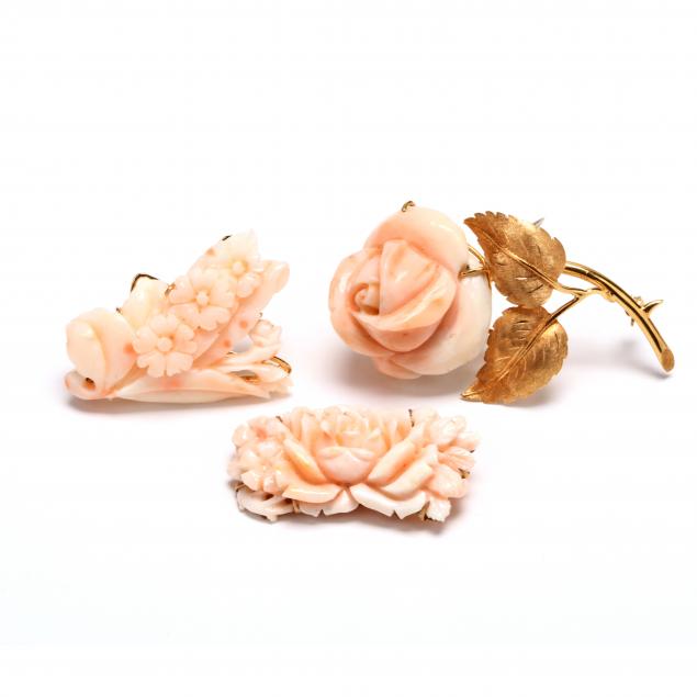 three-gold-and-angel-skin-coral-brooches