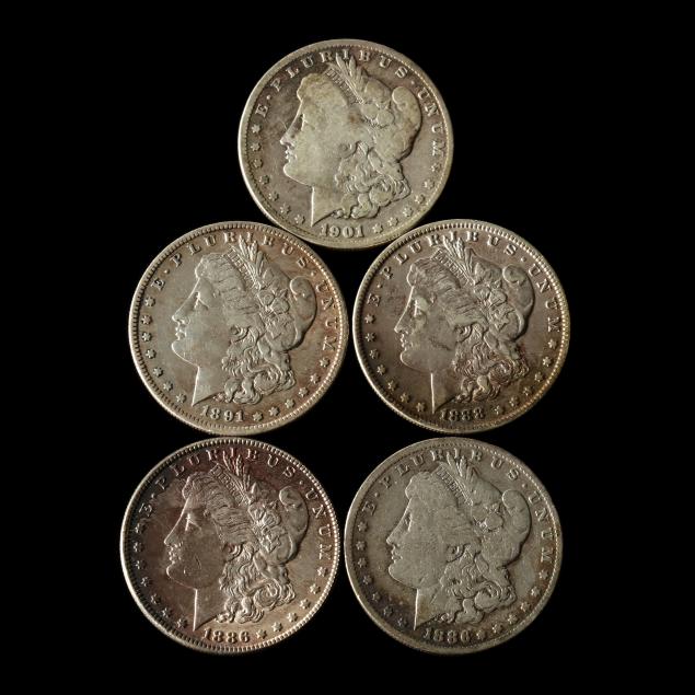 five-circulated-morgan-silver-dollars
