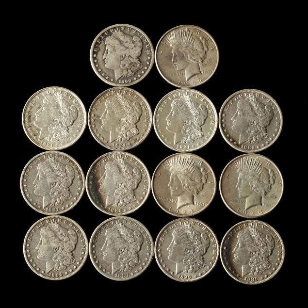 eleven-morgan-silver-dollars-and-three-peace-silver-dollars