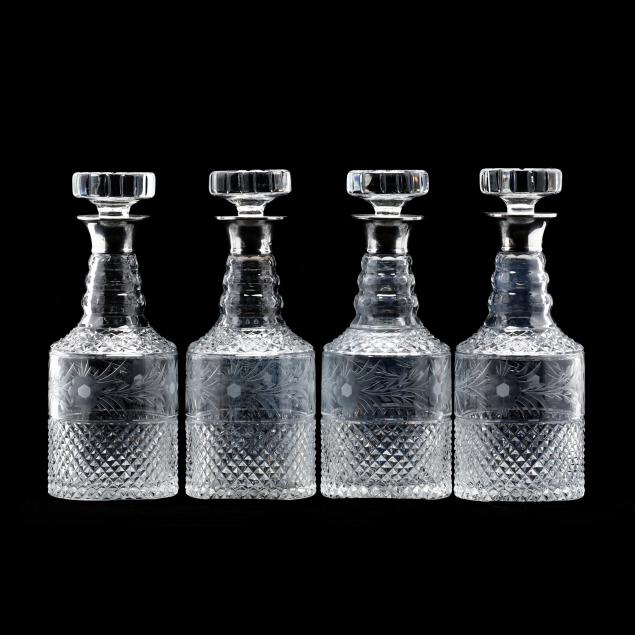 a-set-of-four-georgian-style-cut-glass-decanters-with-sterling-silver-collars