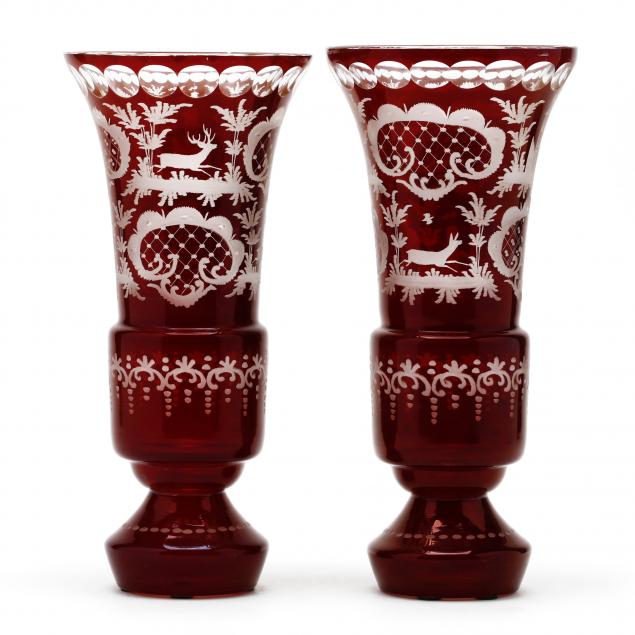 pair-of-bohemian-ruby-cut-to-clear-trumpet-vases