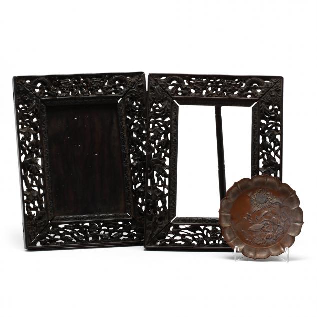 pair-of-antique-chinese-carved-wood-frames-and-dish