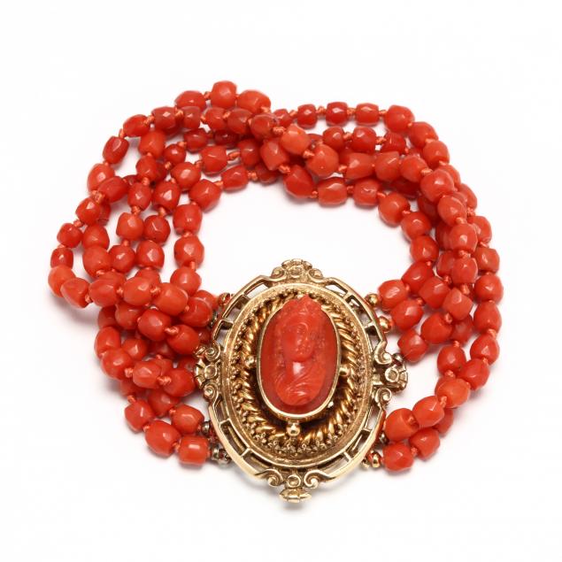 14kt-gold-multi-strand-coral-bead-bracelet