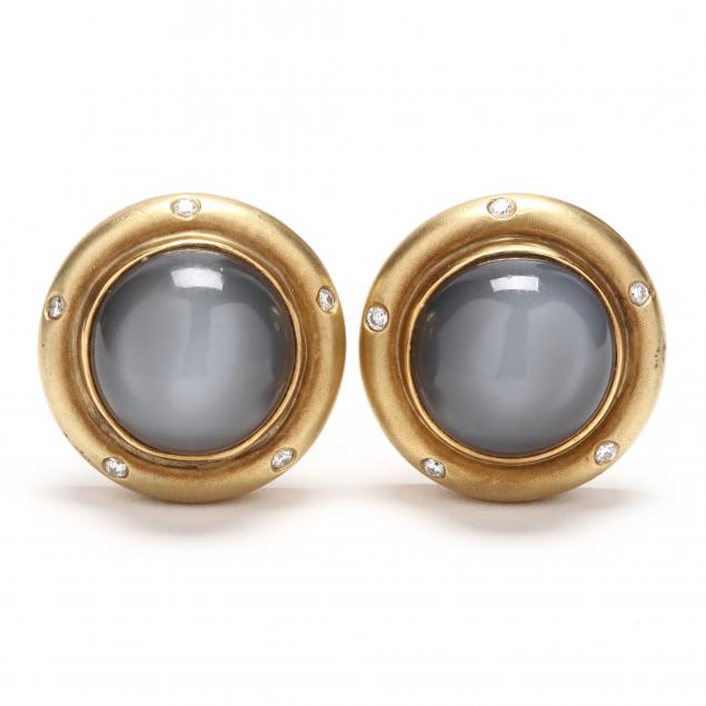 18kt-gold-gray-moonstone-and-diamond-earrings-signed