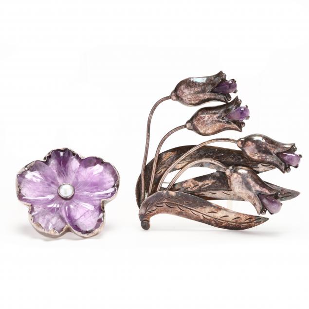 two-silver-and-amethyst-brooches