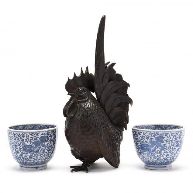 a-japanese-bronze-rooster-okimono-and-two-tea-cups