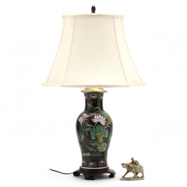 a-chinese-famille-noir-vase-table-lamp-and-hard-stone-figurine