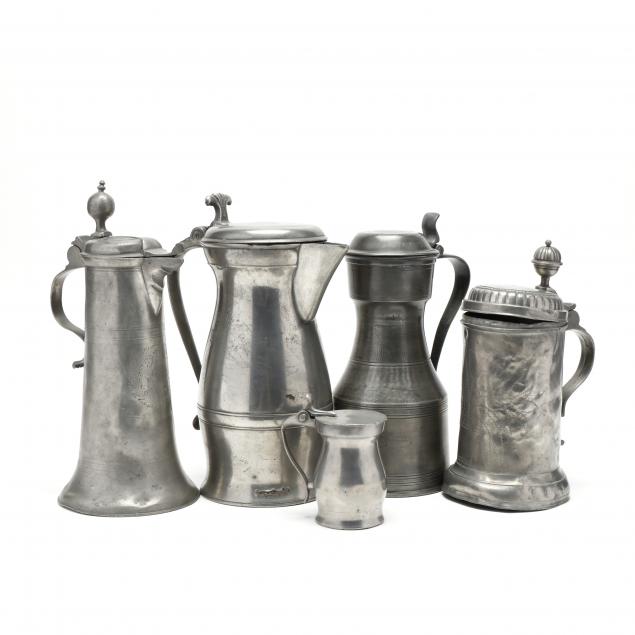 five-antique-lidded-pewter-tankards