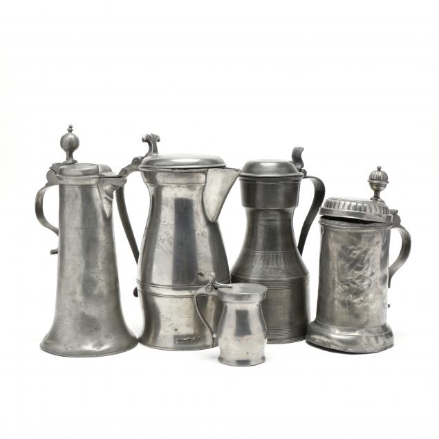 five-antique-lidded-pewter-tankards