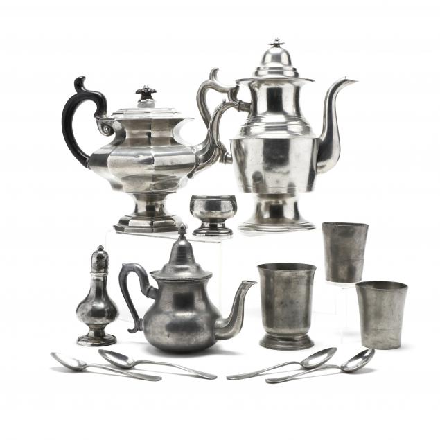 three-pewter-coffee-pots-and-assorted-tablewares