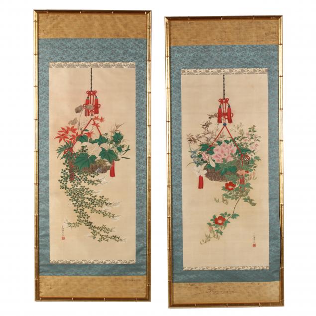 a-pair-of-japanese-scroll-paintings-of-flower-arrangements