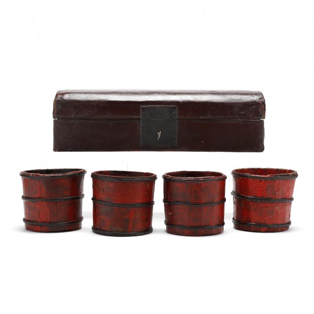 chinese-lacquered-storage-box-and-four-painted-buckets