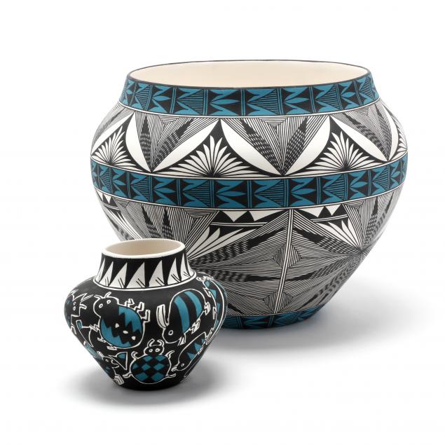 two-native-american-acoma-pots-highlighted-with-turquoise-coloring