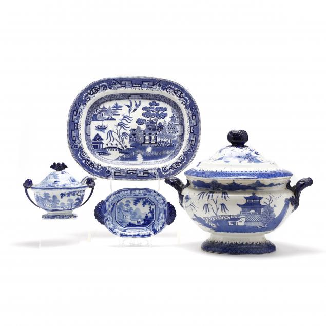 two-antique-blue-transferware-lidded-tureens-with-platters