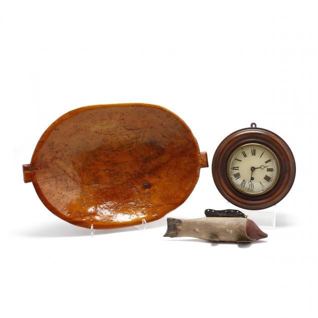 antique-clock-dough-bowl-and-fish-lure-decoy