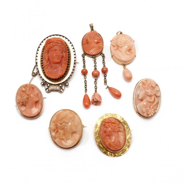 group-of-gold-coral-cameo-brooches-pendants