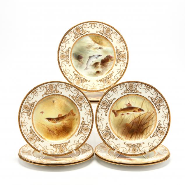 a-set-of-nine-royal-doulton-fish-plates-signed-birbeck