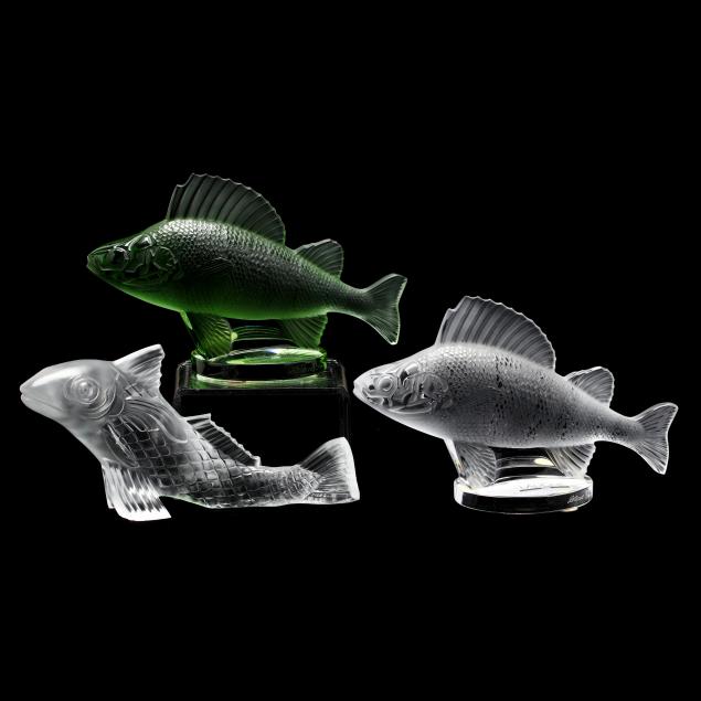 two-lalique-i-perche-i-car-mascots-and-a-baccarat-perched-koi-sculpture