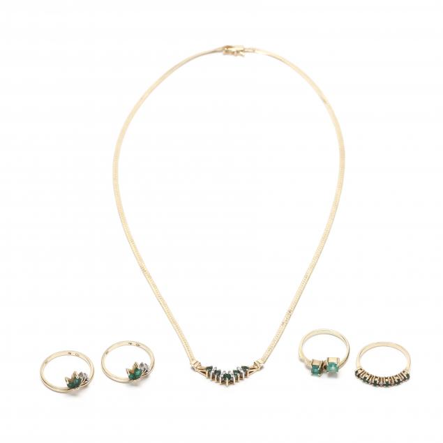 group-of-14kt-gold-emerald-and-diamond-jewelry