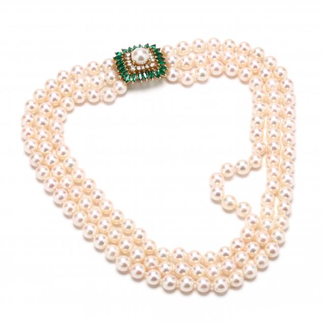 18kt-triple-strand-akoya-pearl-emerald-and-diamond-necklace