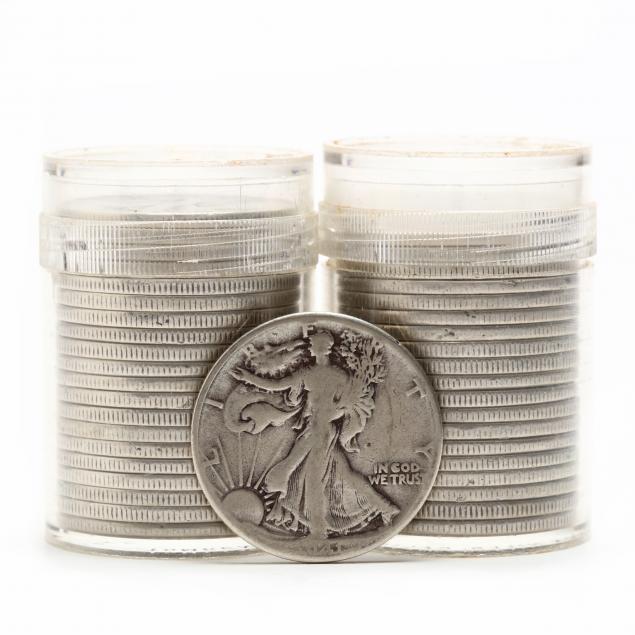 two-rolls-of-circulated-walking-liberty-half-dollars