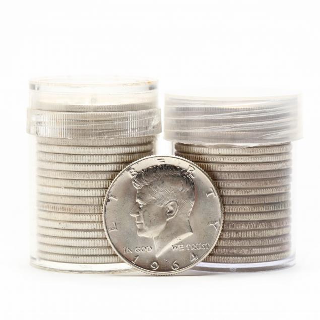 two-rolls-of-1964-90-silver-half-dollars