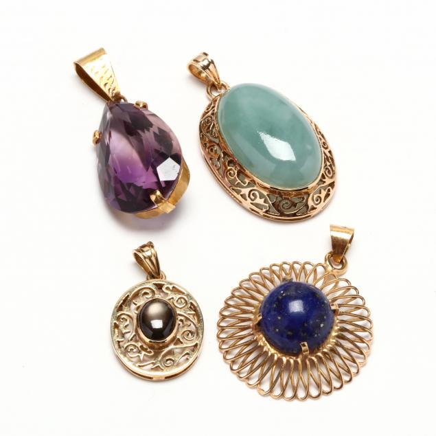 four-gold-and-gem-set-pendants