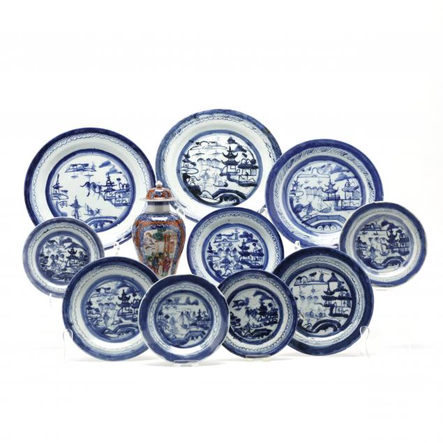 a-group-of-chinese-canton-plates-and-a-chinese-export-covered-garniture-jar