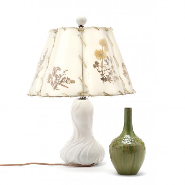 van-briggle-pottery-table-lamp-and-an-arts-and-crafts-pottery-vase