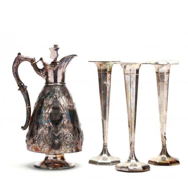 three-sterling-silver-armorial-bud-vases-a-silverplate-ewer