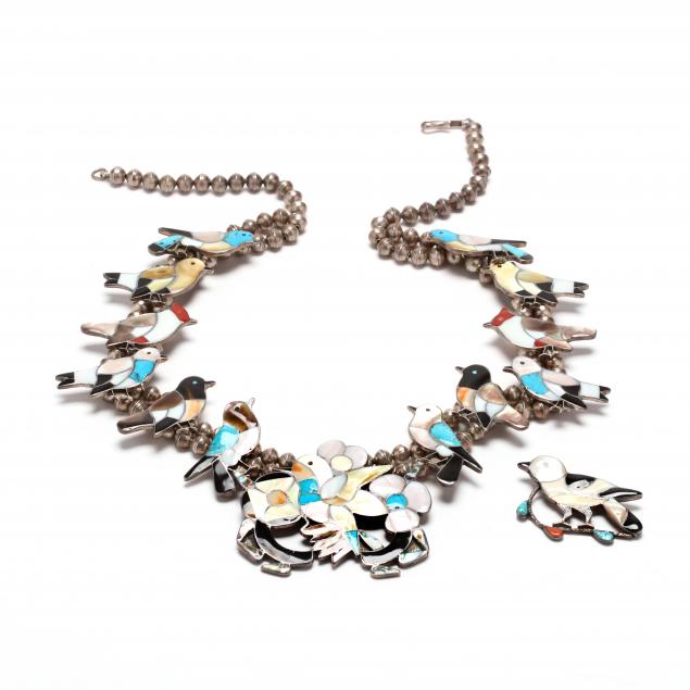 southwestern-silver-multi-stone-bird-motif-squash-blossom-necklace-and-brooch