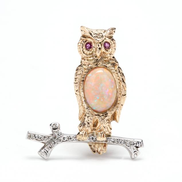 14kt-gold-opal-diamond-and-ruby-owl-brooch